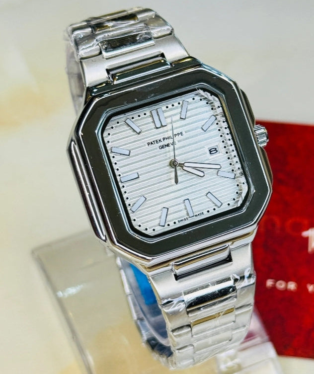 Patek Philippe Silver wristwatch with a white dial on a clear stand 