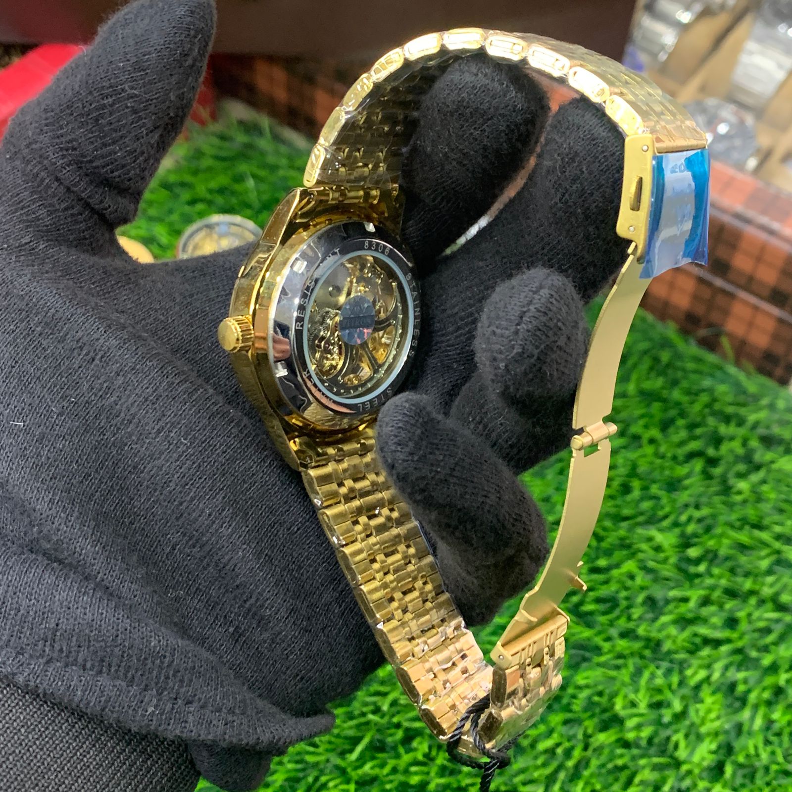 YW - Skeleton Automatic Watch – Golden Chain with Golden Dial