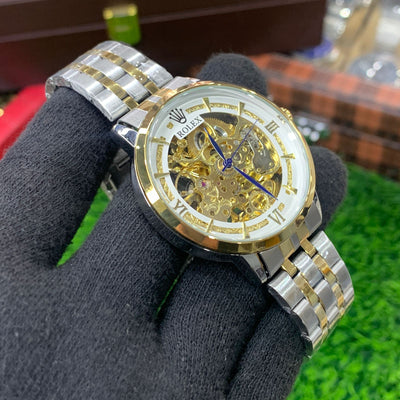 YW - Skeleton Automatic Watch – Two tone Chain with White Dial