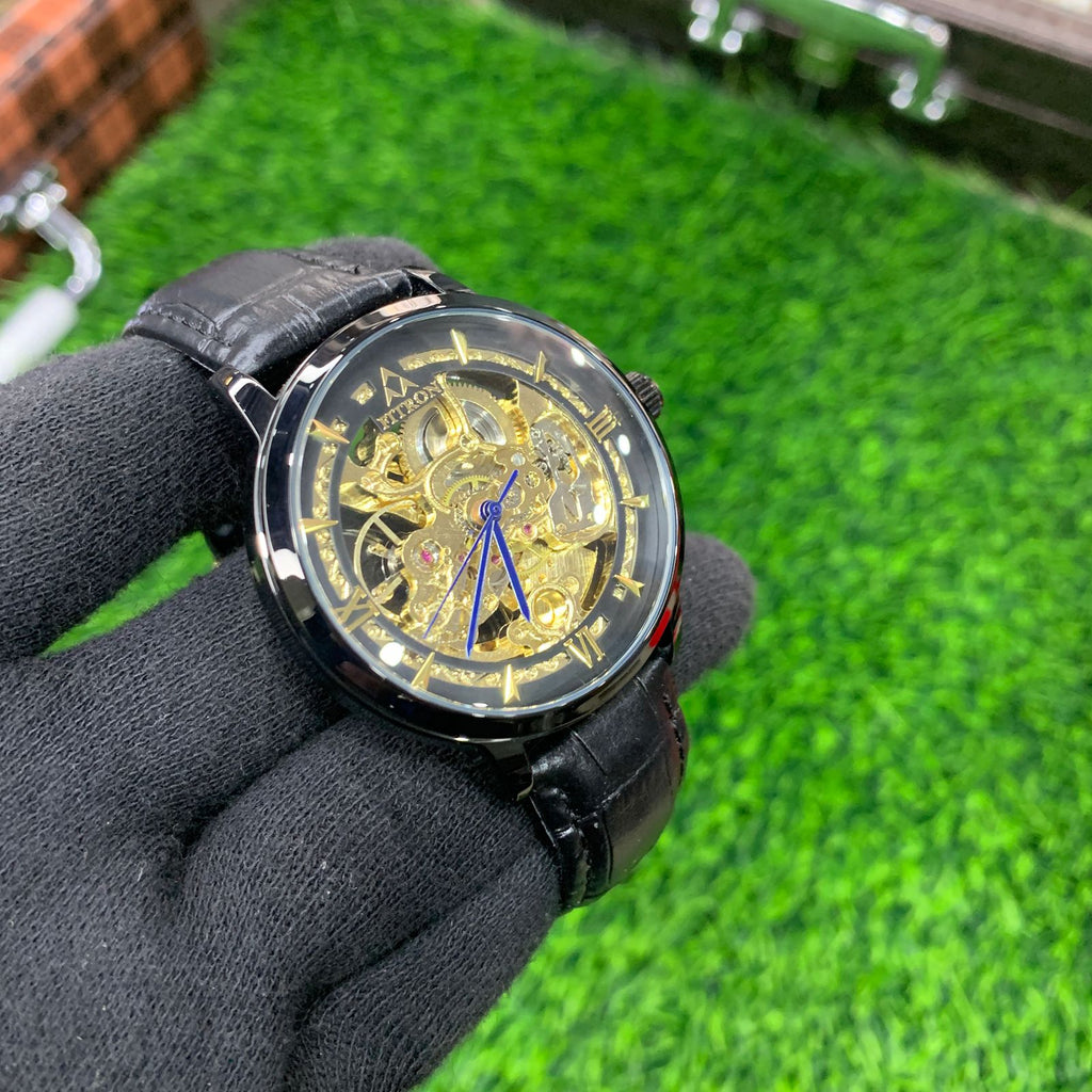 YW - Automatic Skeleton Watch for Men – Black Leather Strap