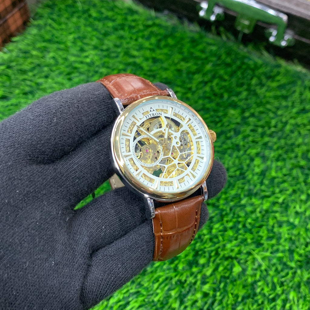 YW - Automatic Skeleton Watch for Men – Brown Leather Strap (White Dial)