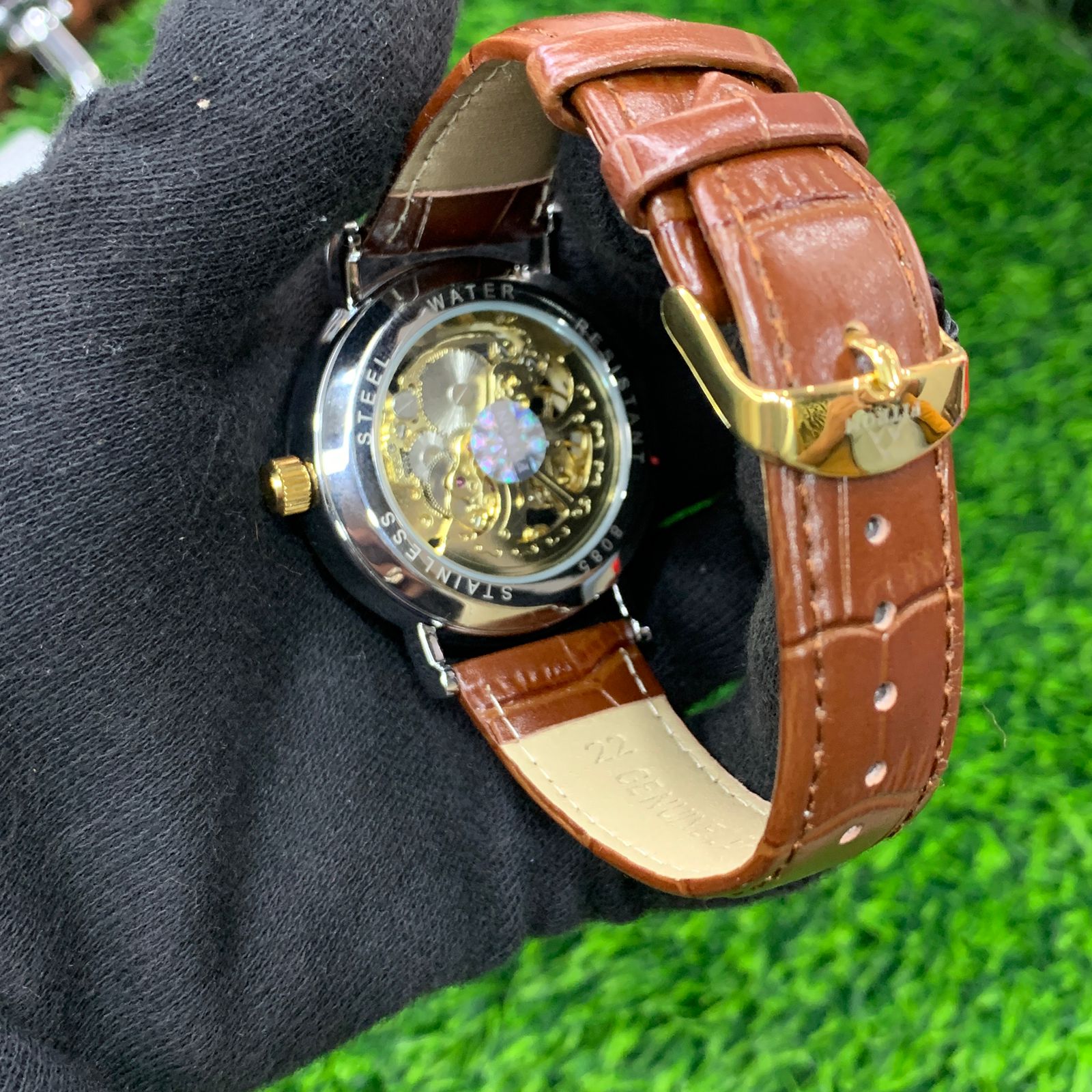 YW - Automatic Skeleton Watch for Men – Brown Leather Strap (White Dial)