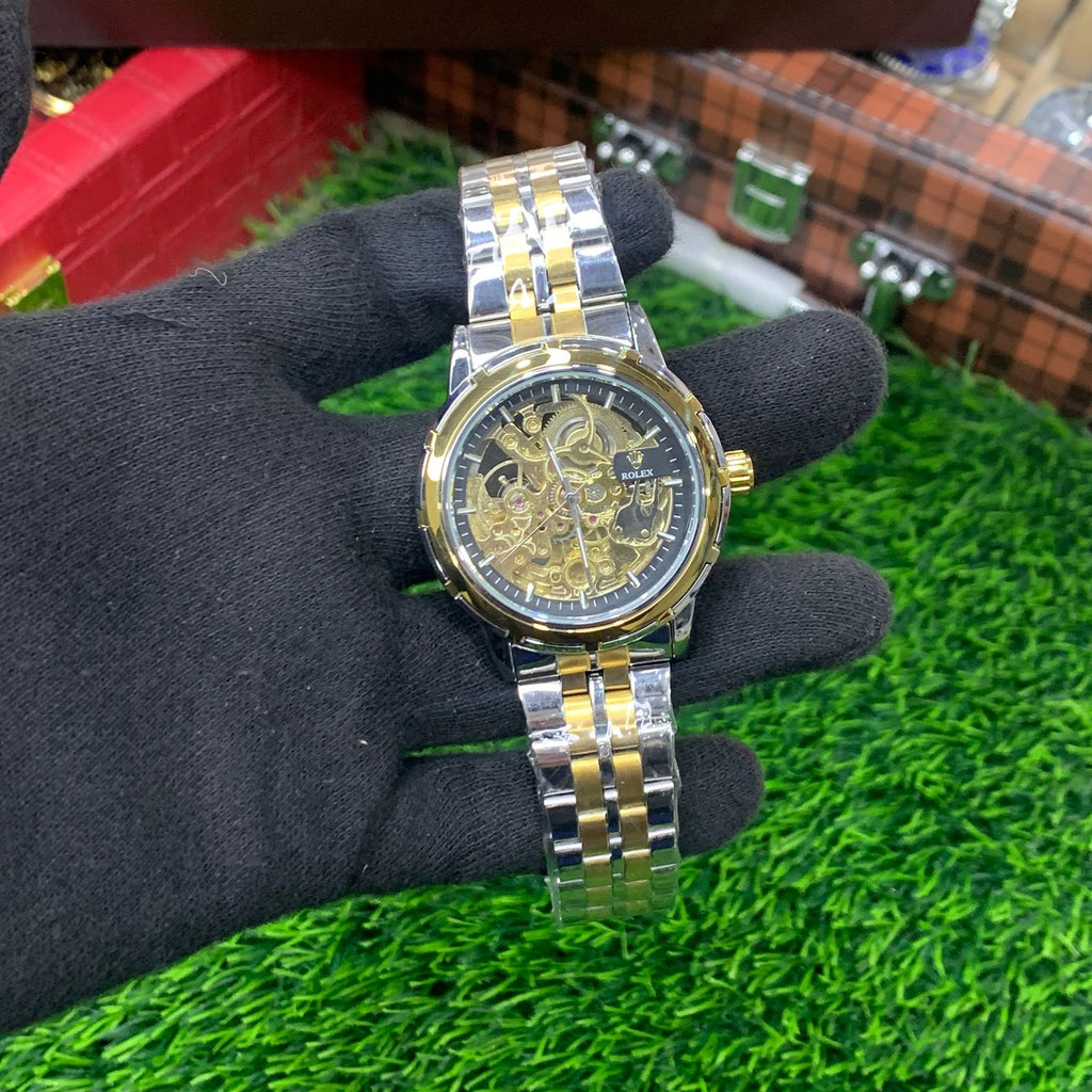 YW - Skeleton Automatic Watch – Two tone Chain (Black Dial)