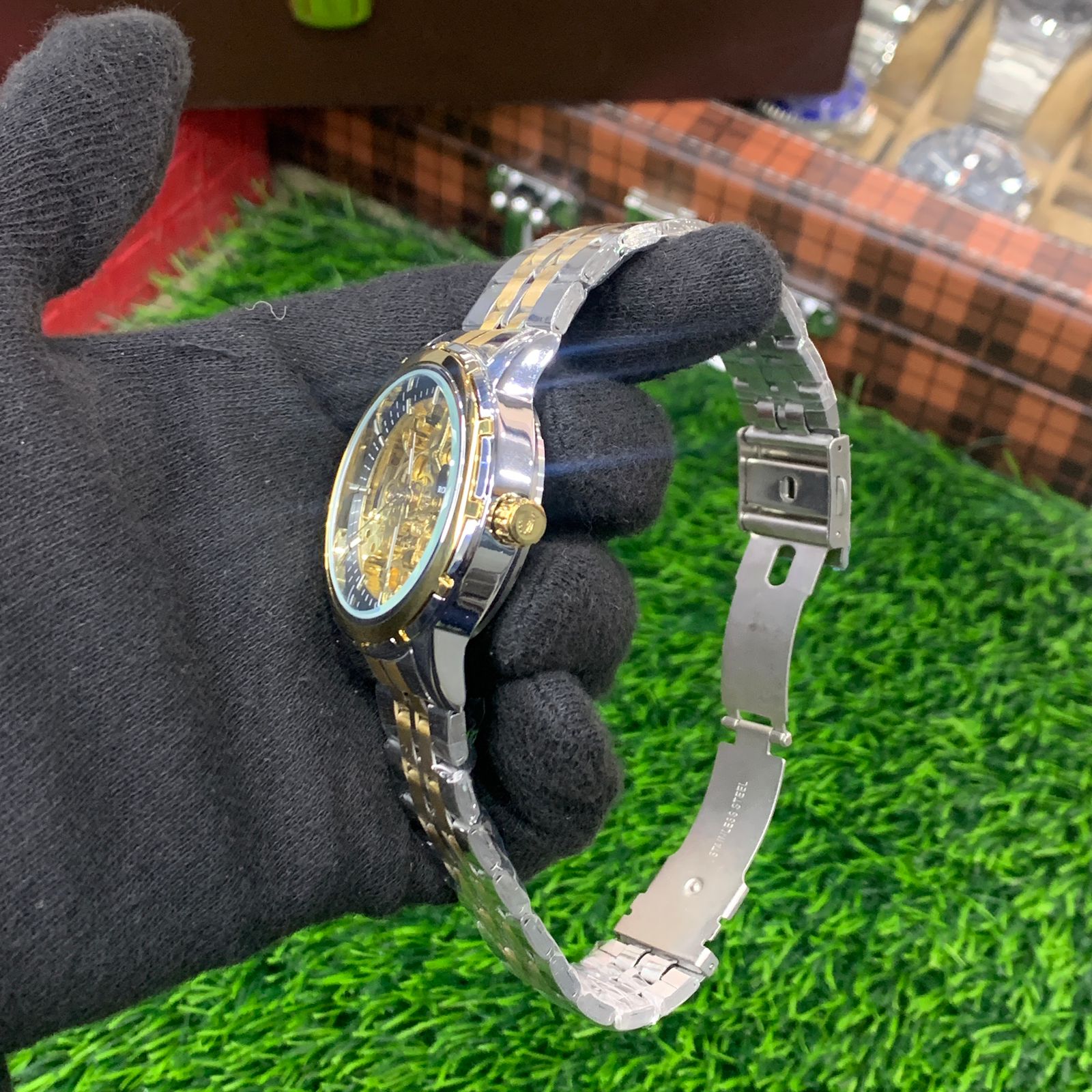 YW - Skeleton Automatic Watch – Two tone Chain (Black Dial)