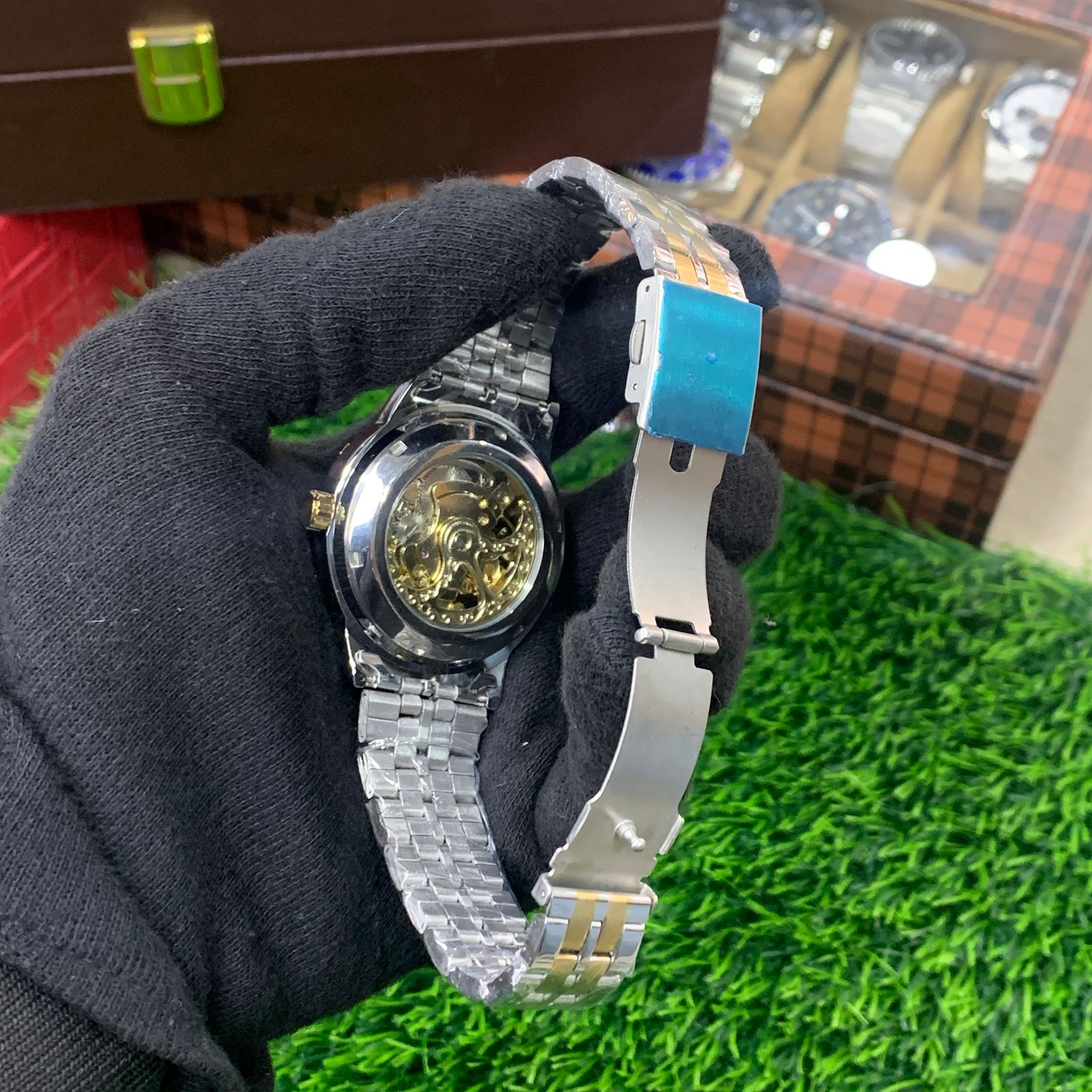 YW - Skeleton Automatic Watch – Two tone Chain (Black Dial)