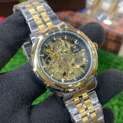 YW - Skeleton Automatic Watch – Two tone Chain (Black Dial)