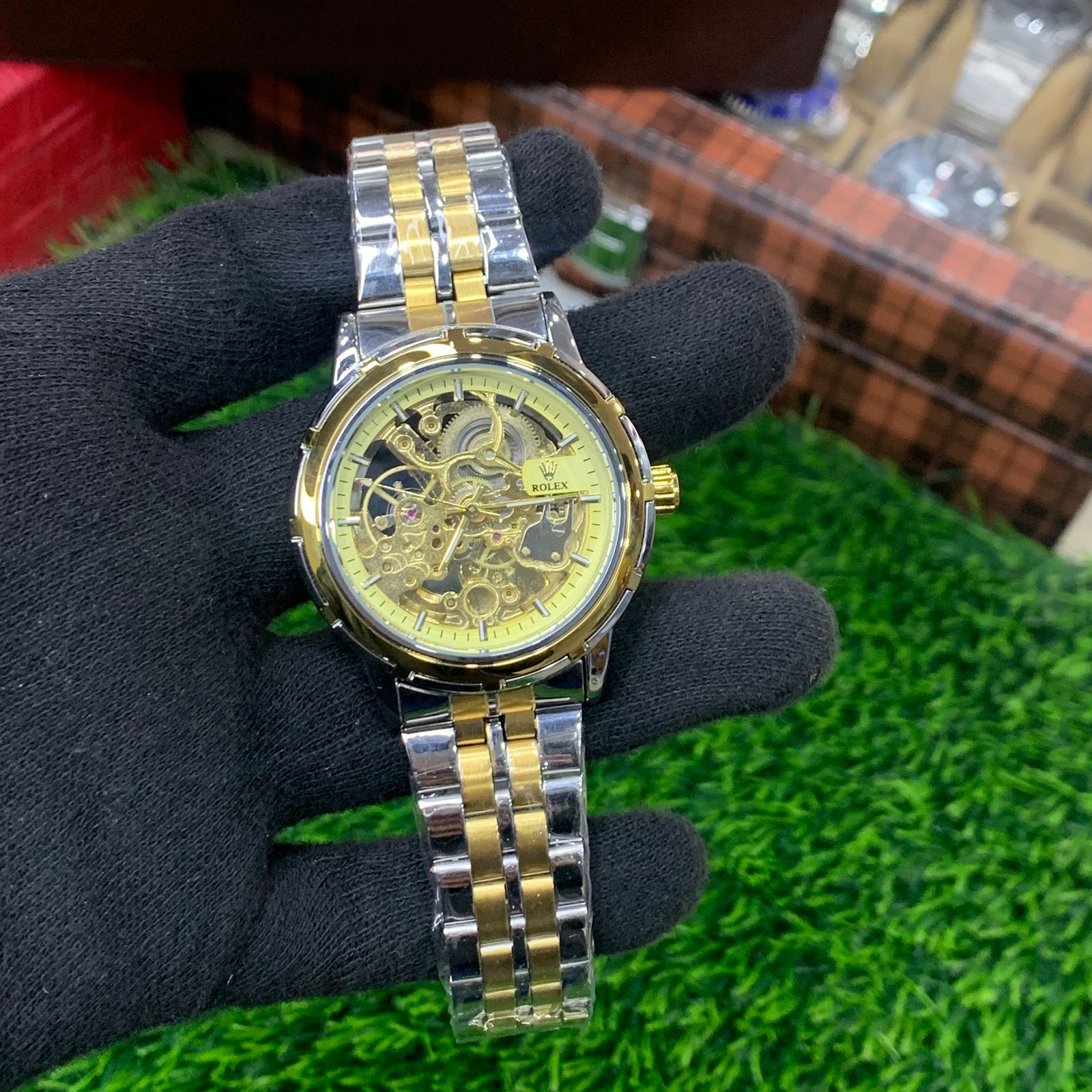 YW - Skeleton Automatic Watch – Two tone with Golden Dial