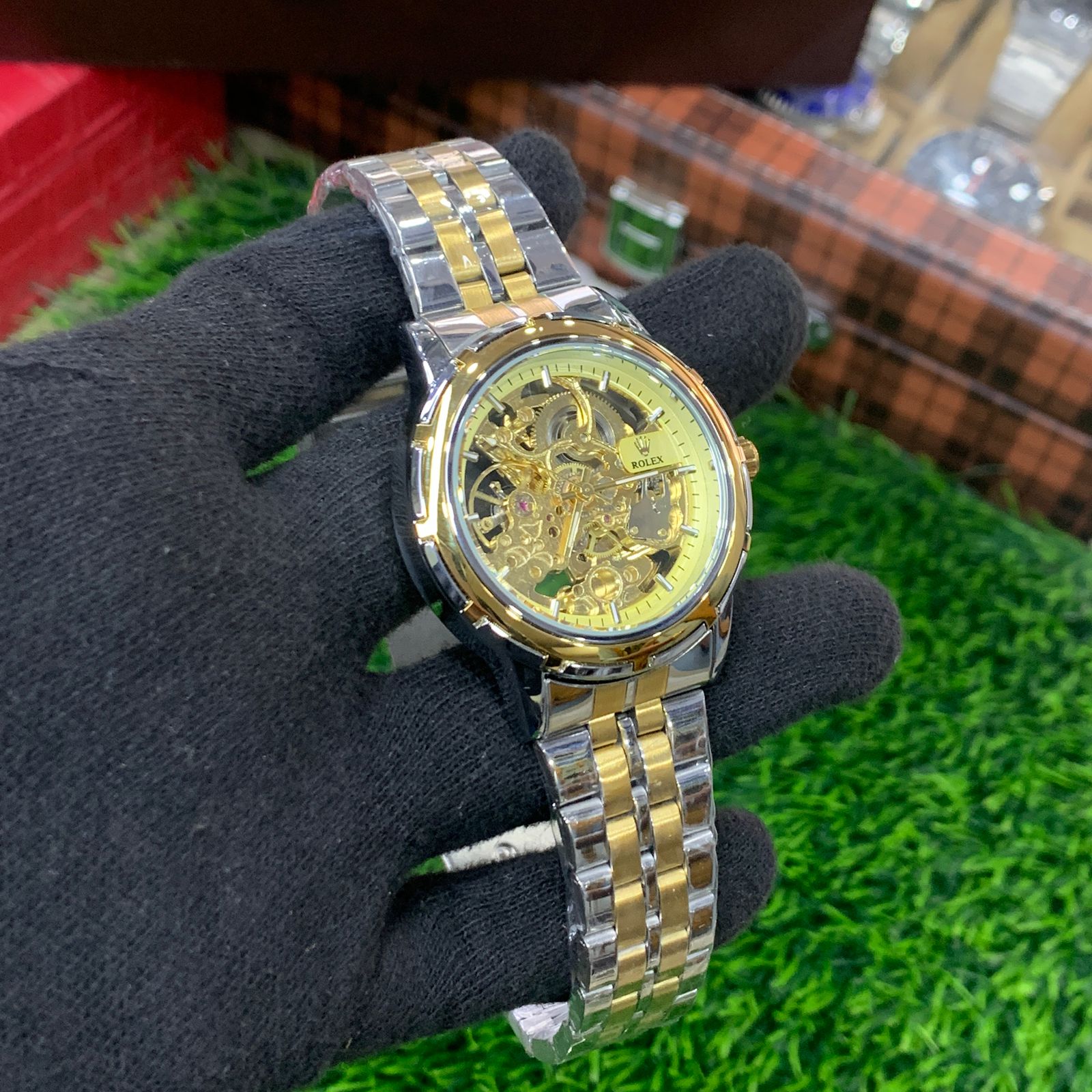 YW - Skeleton Automatic Watch – Two tone with Golden Dial