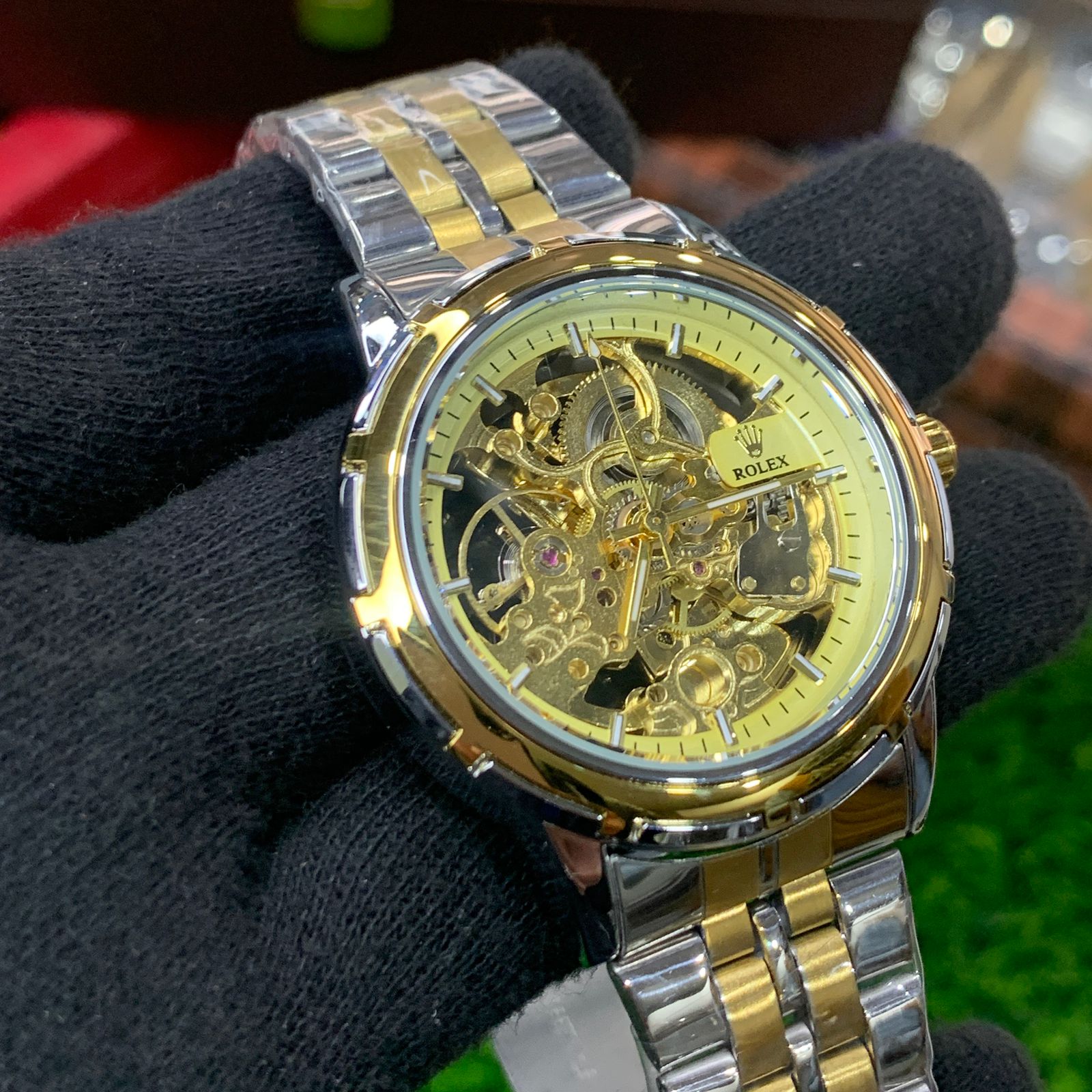 YW - Skeleton Automatic Watch – Two tone with Golden Dial