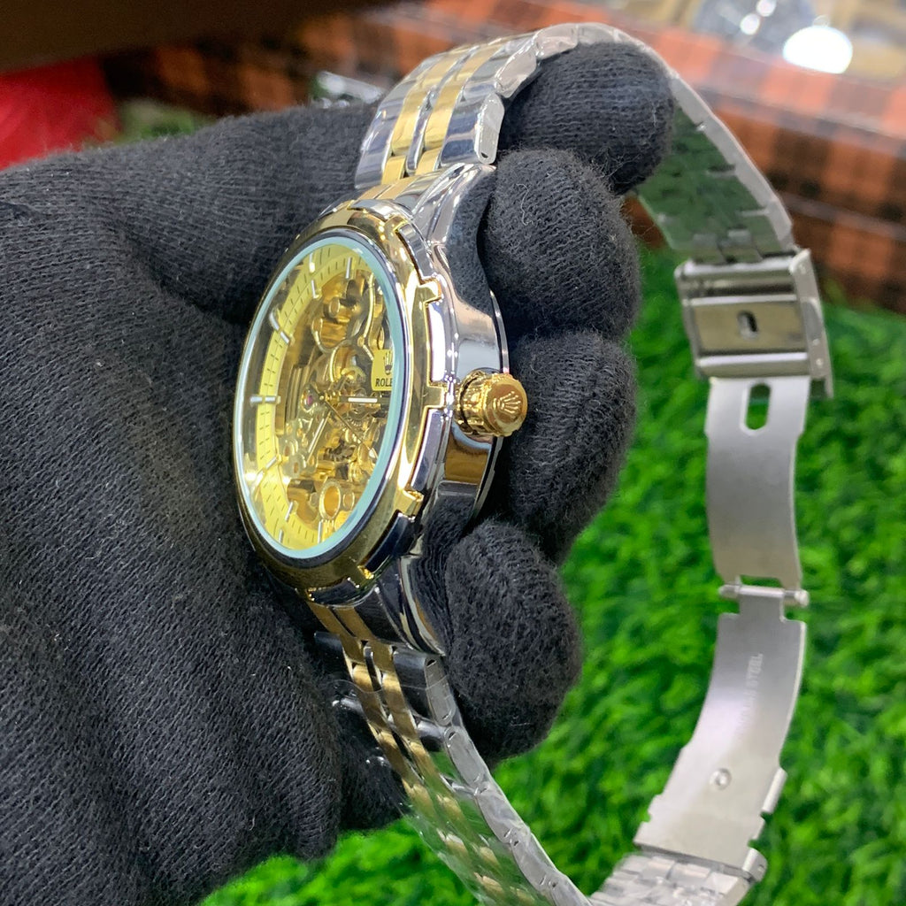 YW - Skeleton Automatic Watch – Two tone with Golden Dial