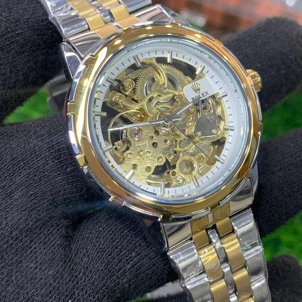 YW - Skeleton Automatic Watch 2 – Two tone Chain (White Dial)