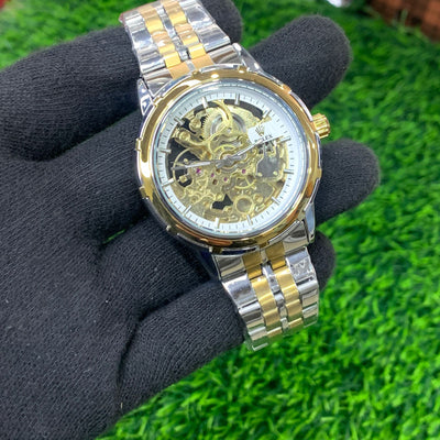 YW - Skeleton Automatic Watch 2 – Two tone Chain (White Dial)