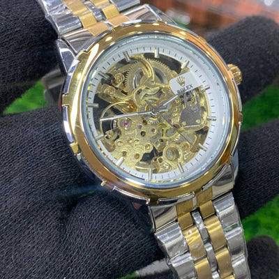 YW - Skeleton Automatic Watch 2 – Two tone Chain (White Dial)