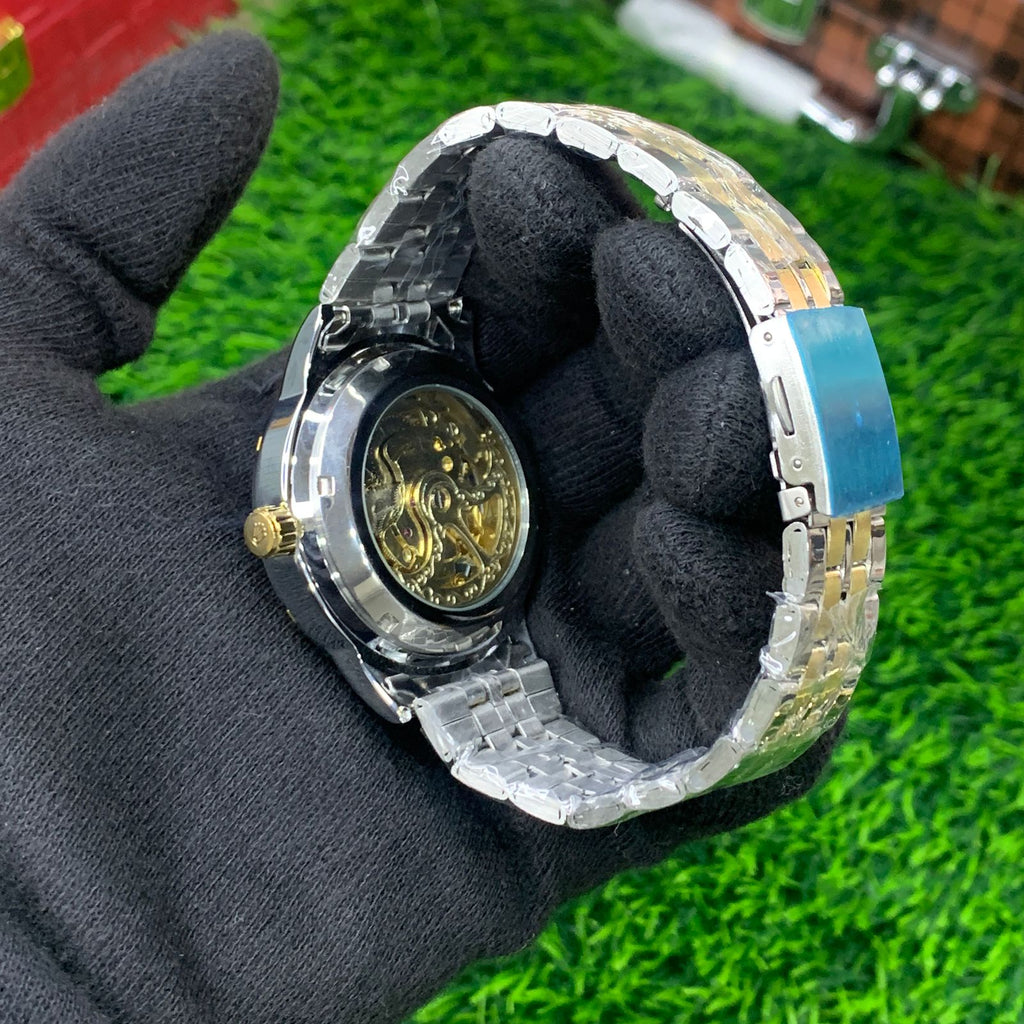 YW - Skeleton Automatic Watch 2 – Two tone Chain (White Dial)