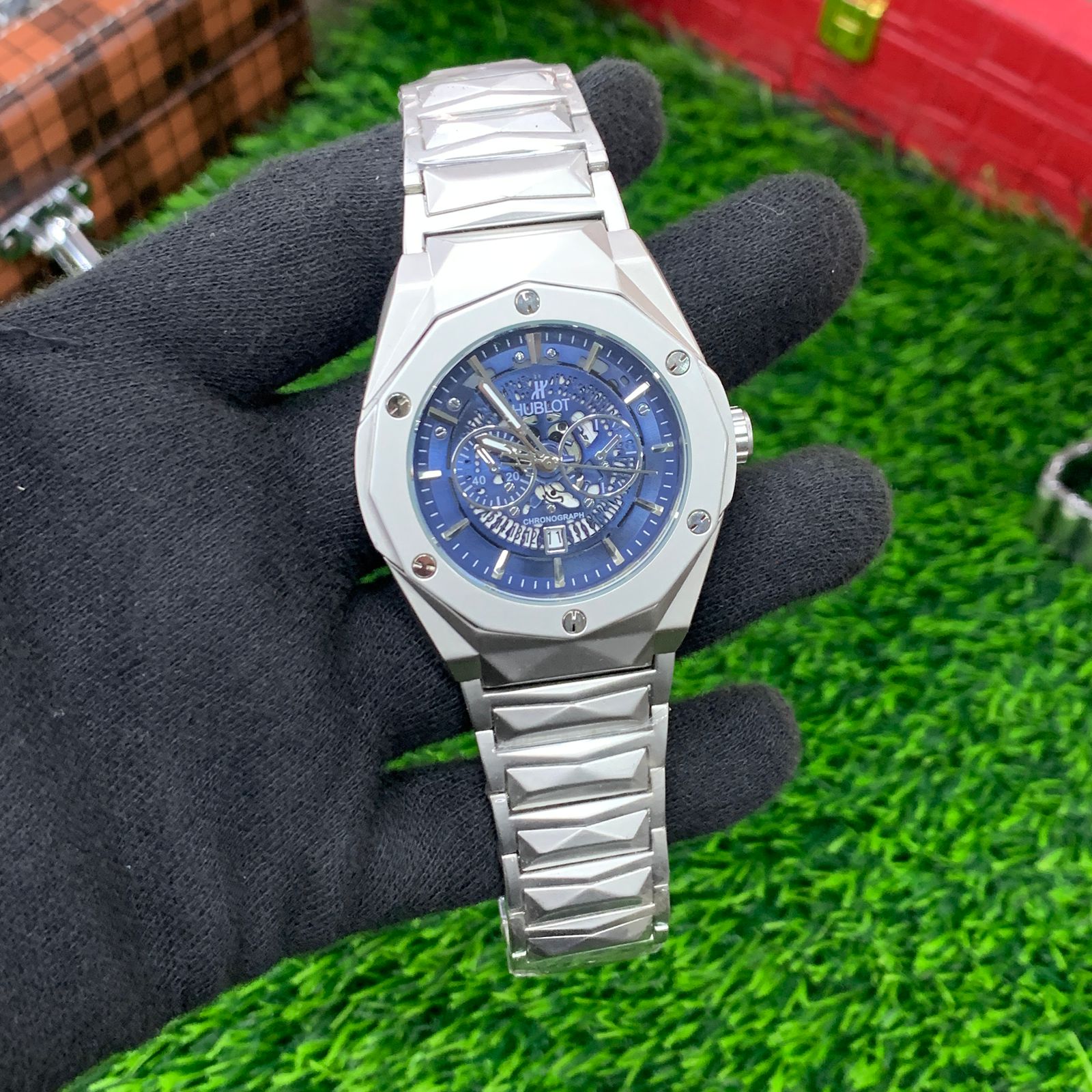 YW - Diamond Cut Skeleton Blue Dial Watch