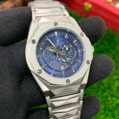 YW - Diamond Cut Skeleton Blue Dial Watch