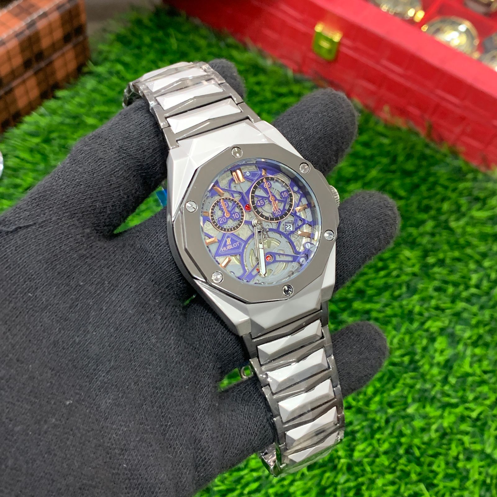YW - Diamond Cut Skeleton Two tone with Blue Dial (Semi Automatic)