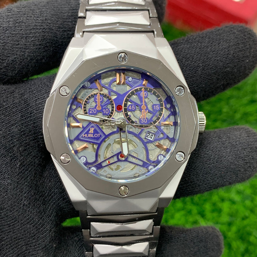 YW - Diamond Cut Skeleton Two tone with Blue Dial (Semi Automatic)