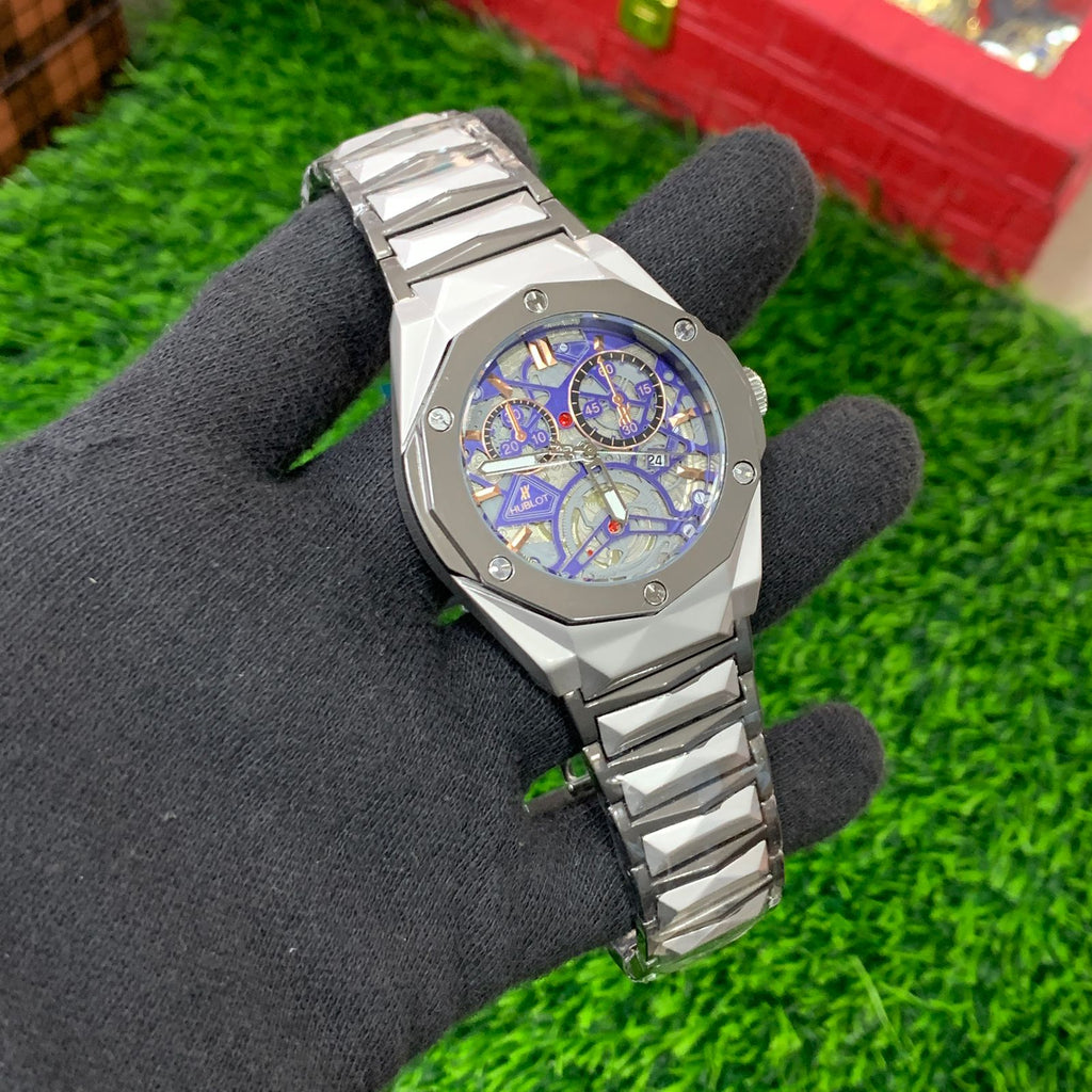YW - Diamond Cut Skeleton Two tone with Blue Dial (Semi Automatic)