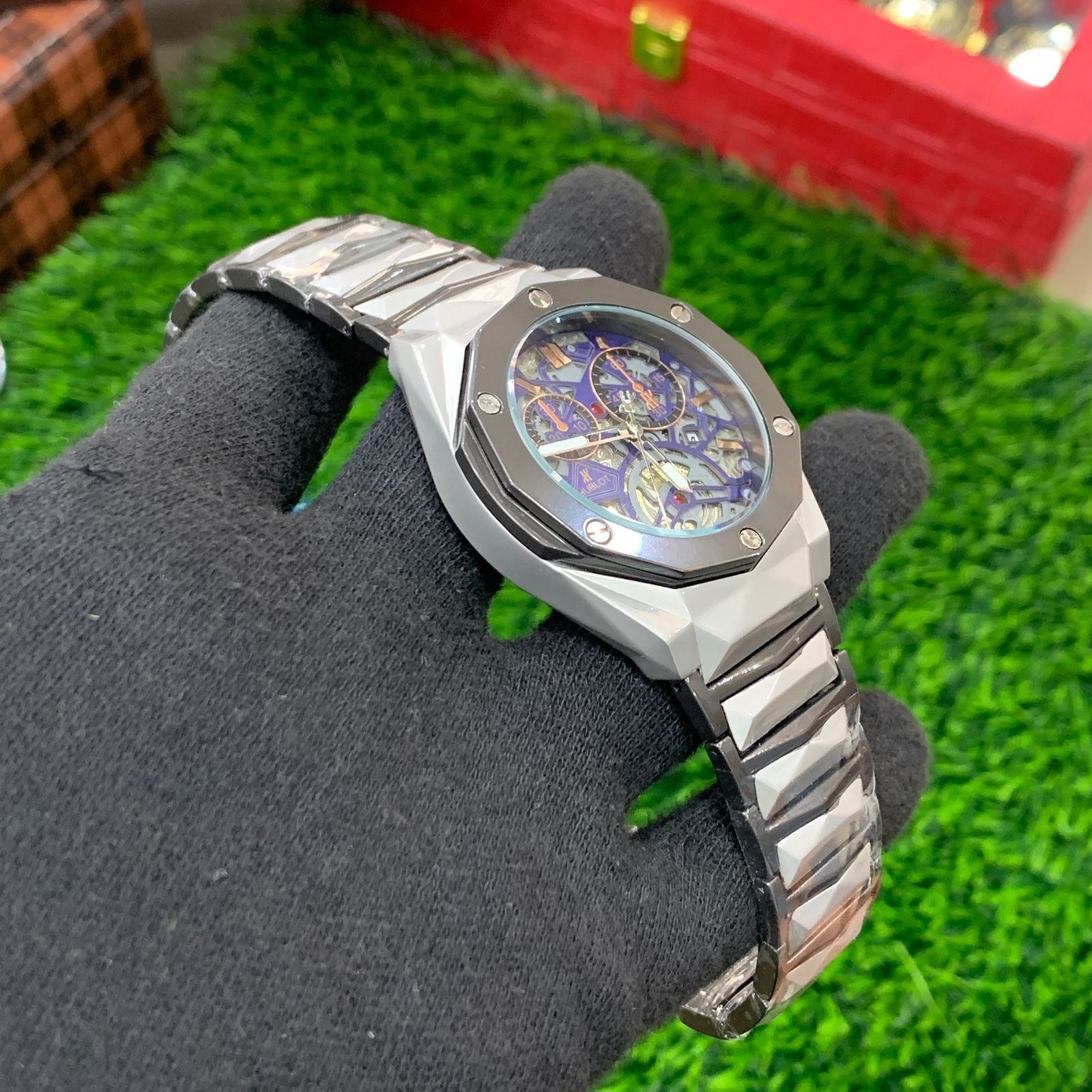 YW - Diamond Cut Skeleton Two tone with Blue Dial (Semi Automatic)