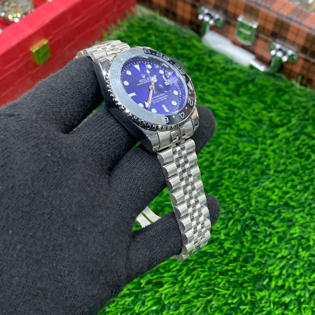YW - GMT Silver with Blue Dial (Black Bezel)