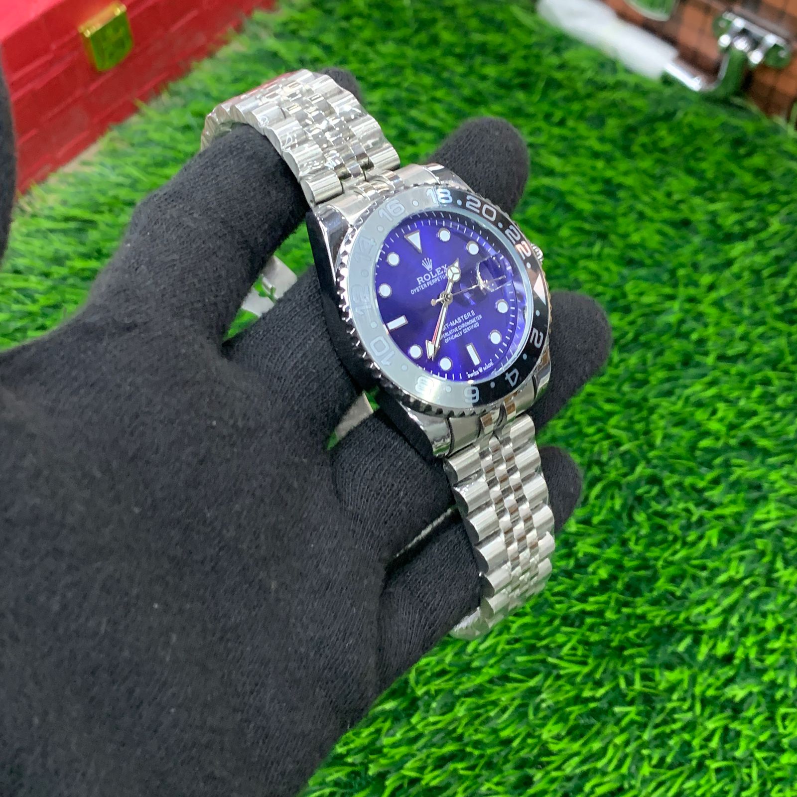 YW - GMT Silver with Blue Dial (Black Bezel)