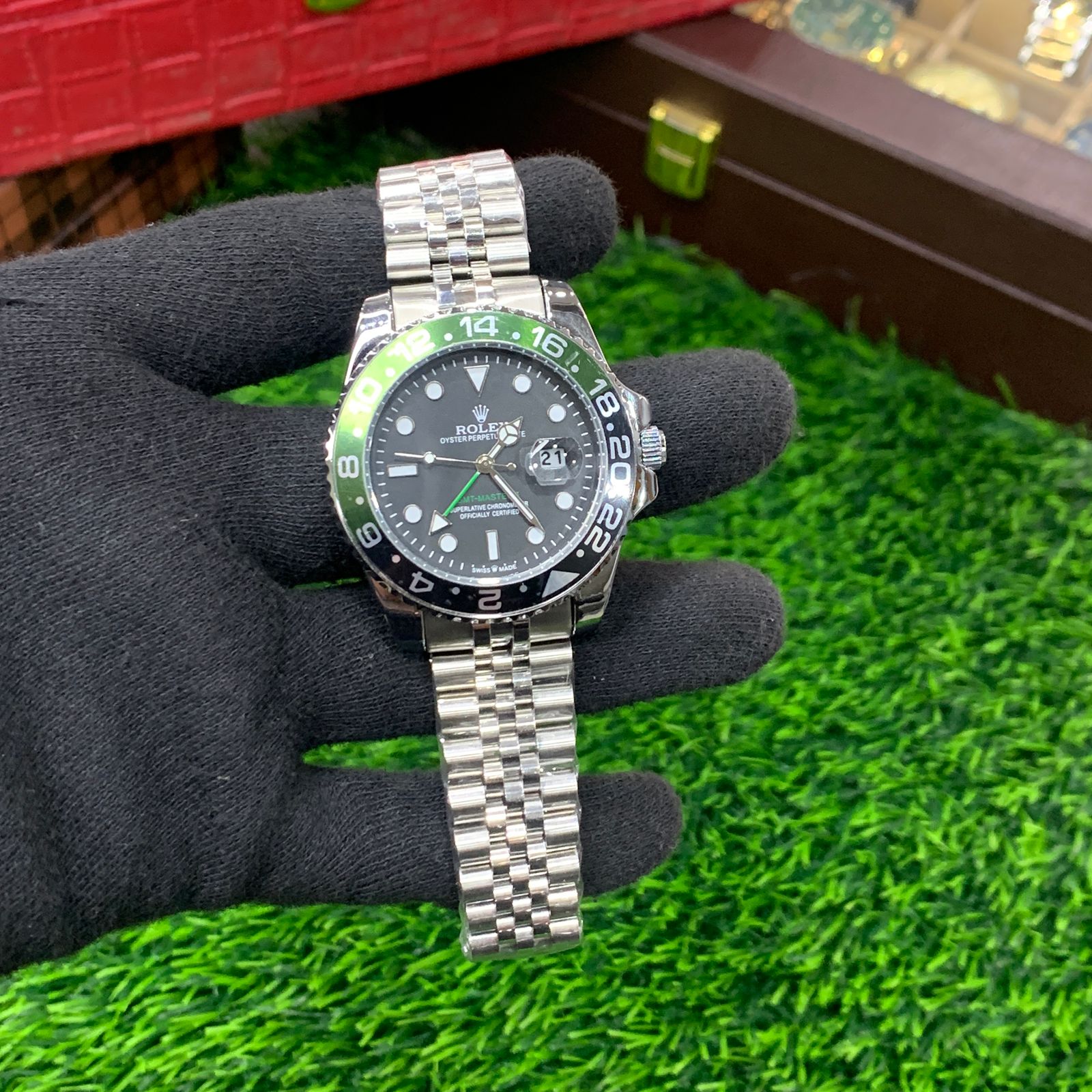YW - GMT Silver with Black dial Watch (Green Bezel)