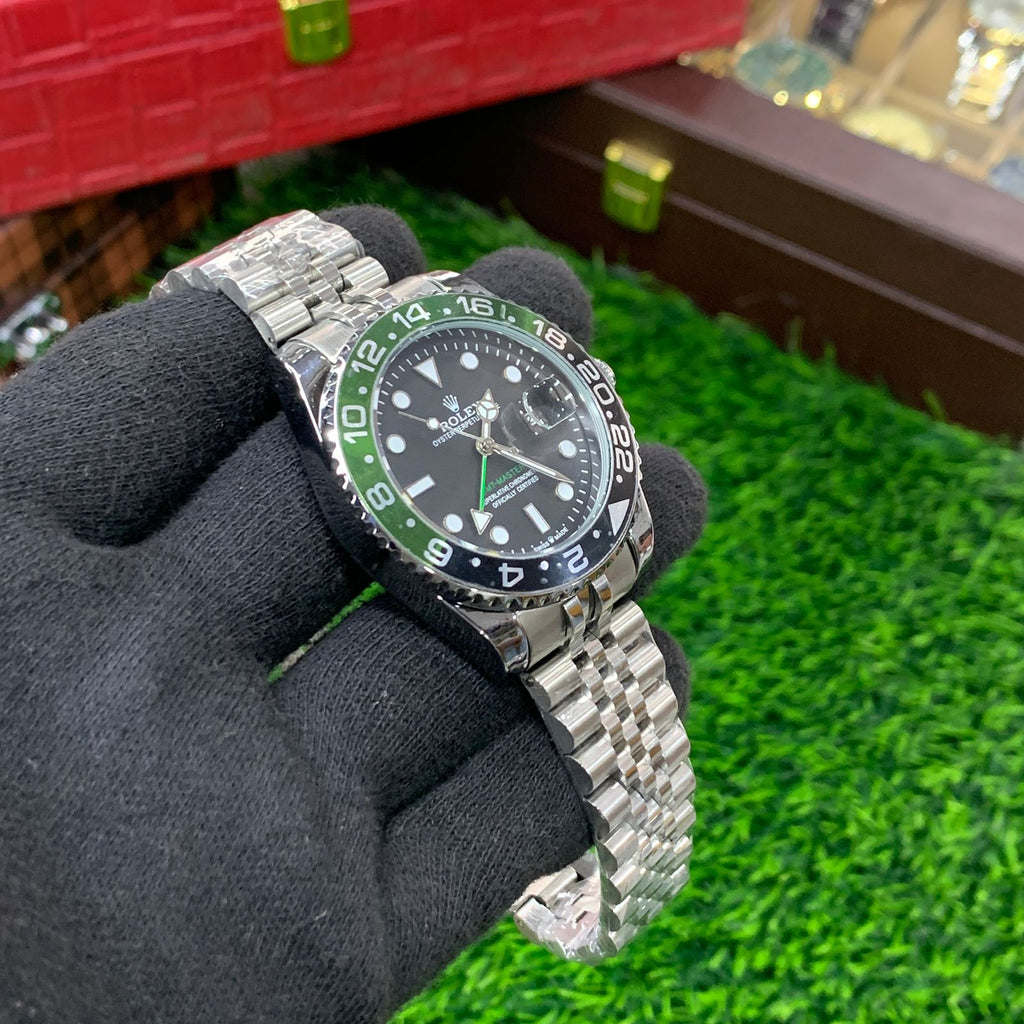 YW - GMT Silver with Black dial Watch (Green Bezel)