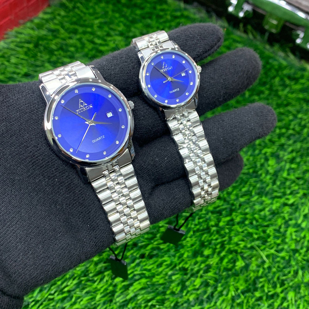YW Couple Watches – Silver Chain with Blue Dial