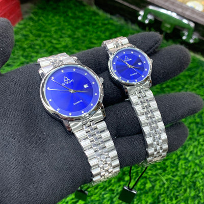 YW Couple Watches – Silver Chain with Blue Dial